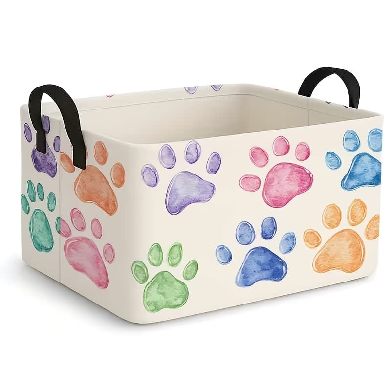 TEMU 1pc, , Colorful Watercolor Paw Print Storage Basket, Pet Supplies Storage Box With Handle, Foldable Dirty Clothes Basket For