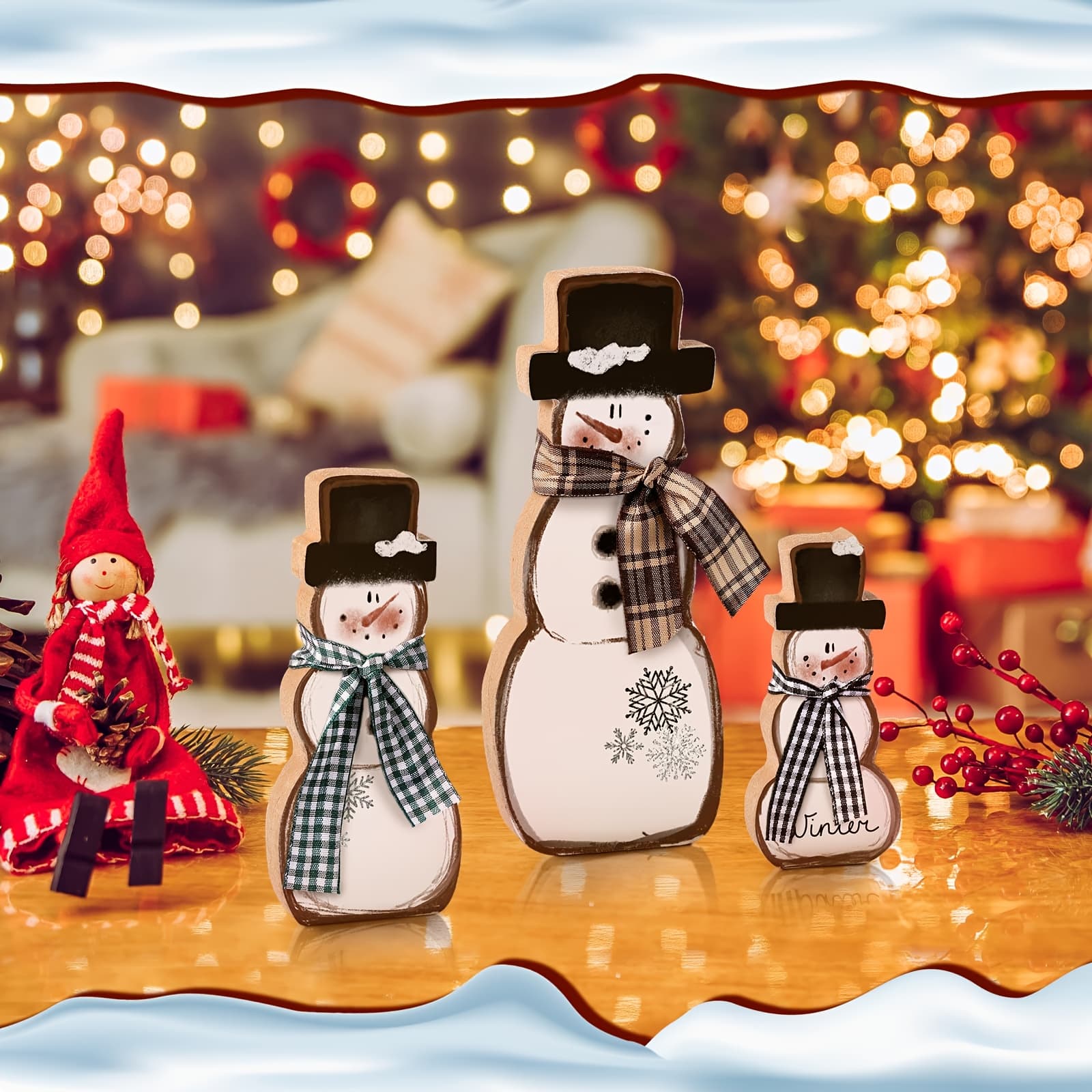 TEMU Set Of 3 Christmas-themed Tabletop Decorations Featuring Wooden Snowman Block Signs, Perfect For Indoor Displays On Mantels, Shelves, Tables, And Desktops, Ideal For Festive For Home