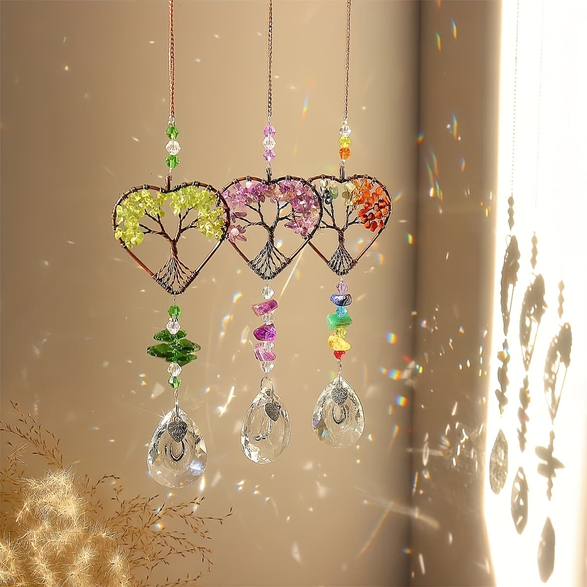 TEMU 1/3pcs Chakras Multicolor Tree Of Life Heart Sun Catcher, Natural Amethyst, Rose Quartz, Olive Green Sun Catcher, Exquisite Pendant