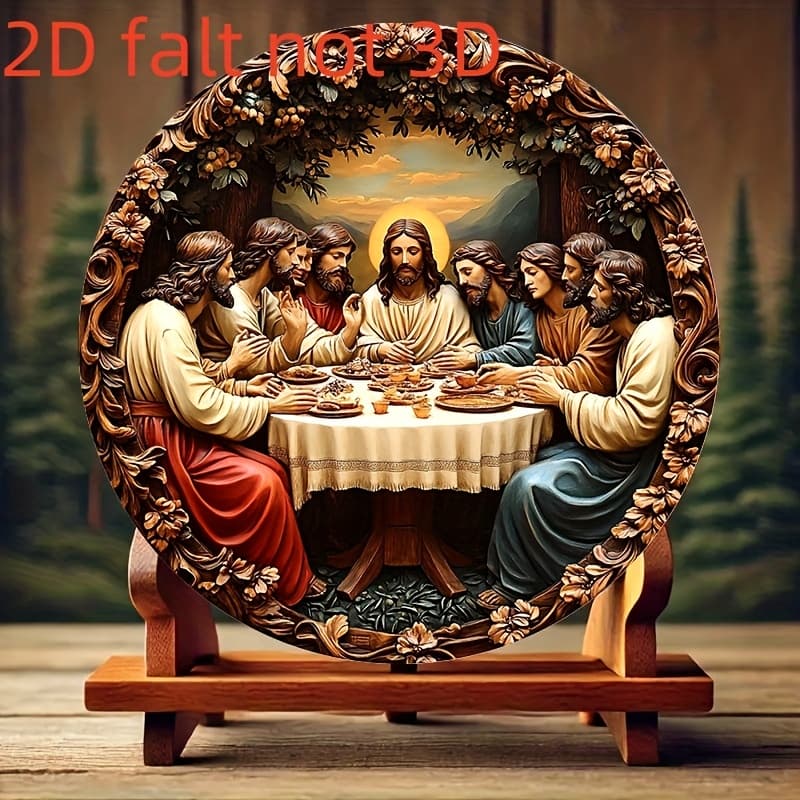 TEMU 2d Flat Not 3d Aluminum Round Wall Art And ' "" Painting, Classic Religious Home Decor, Intricate Wooden Table Scene With Detailed Carving, Perfect For Spiritual Space