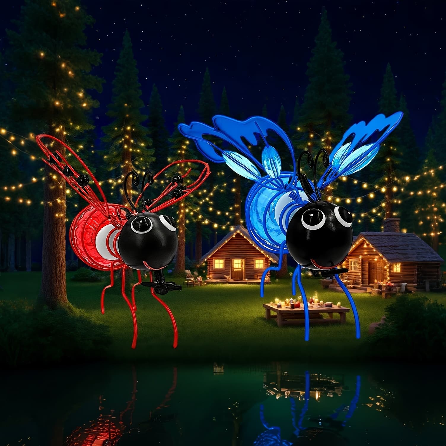 TEMU 2pcs Light Solar Garden Light Hanging Outdoor Decoration Waterproof Led With Spring Light Insect Desktop Light Courtyard Passage Lawn Art Decoration (red+blue)