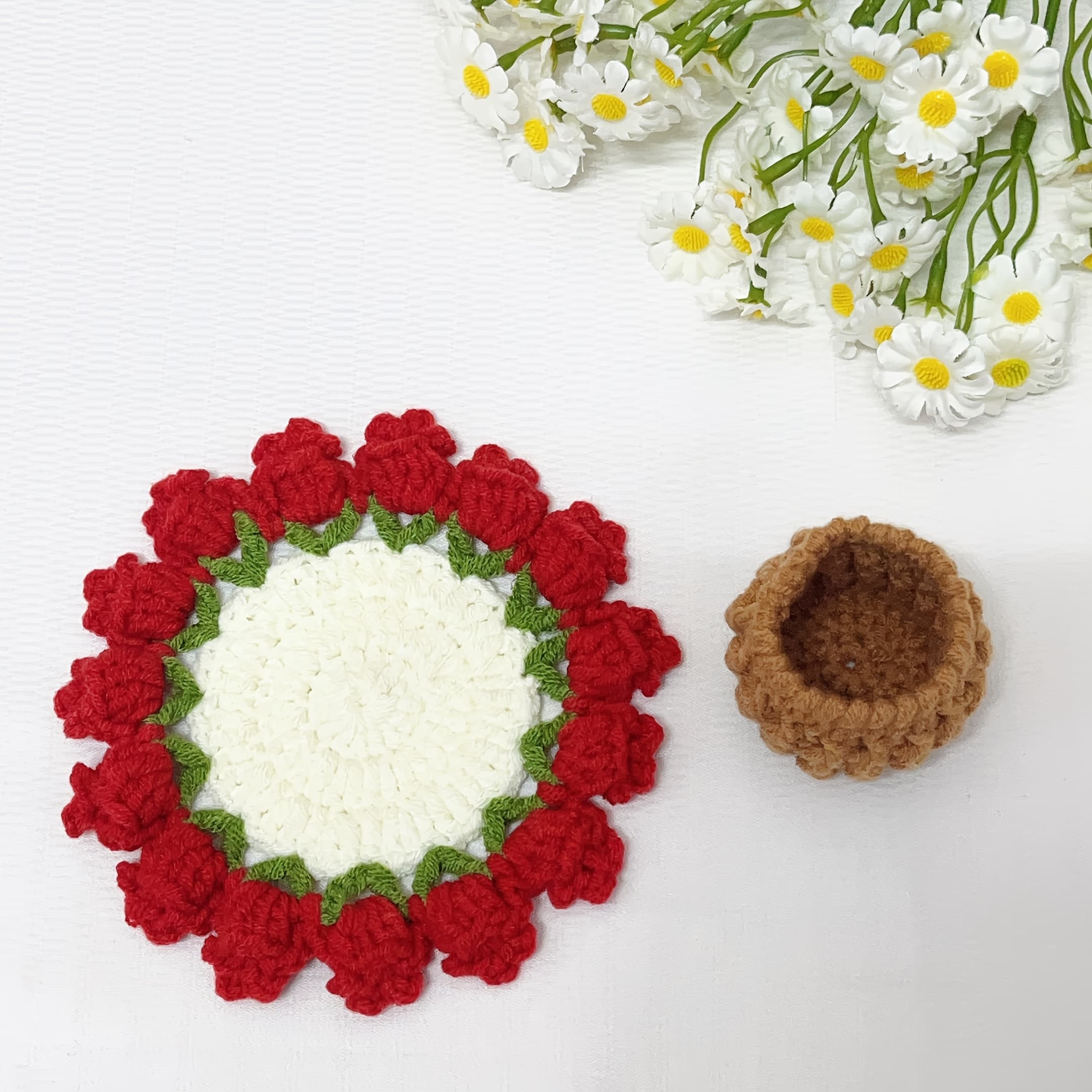 TEMU 1pc Hand Crochet Tulip Bouquet Coaster, Tulip Bouquet Coaster With Basket, Heat-resistant Mat, Desktop Ornament, Holiday Gift, Unique Decor