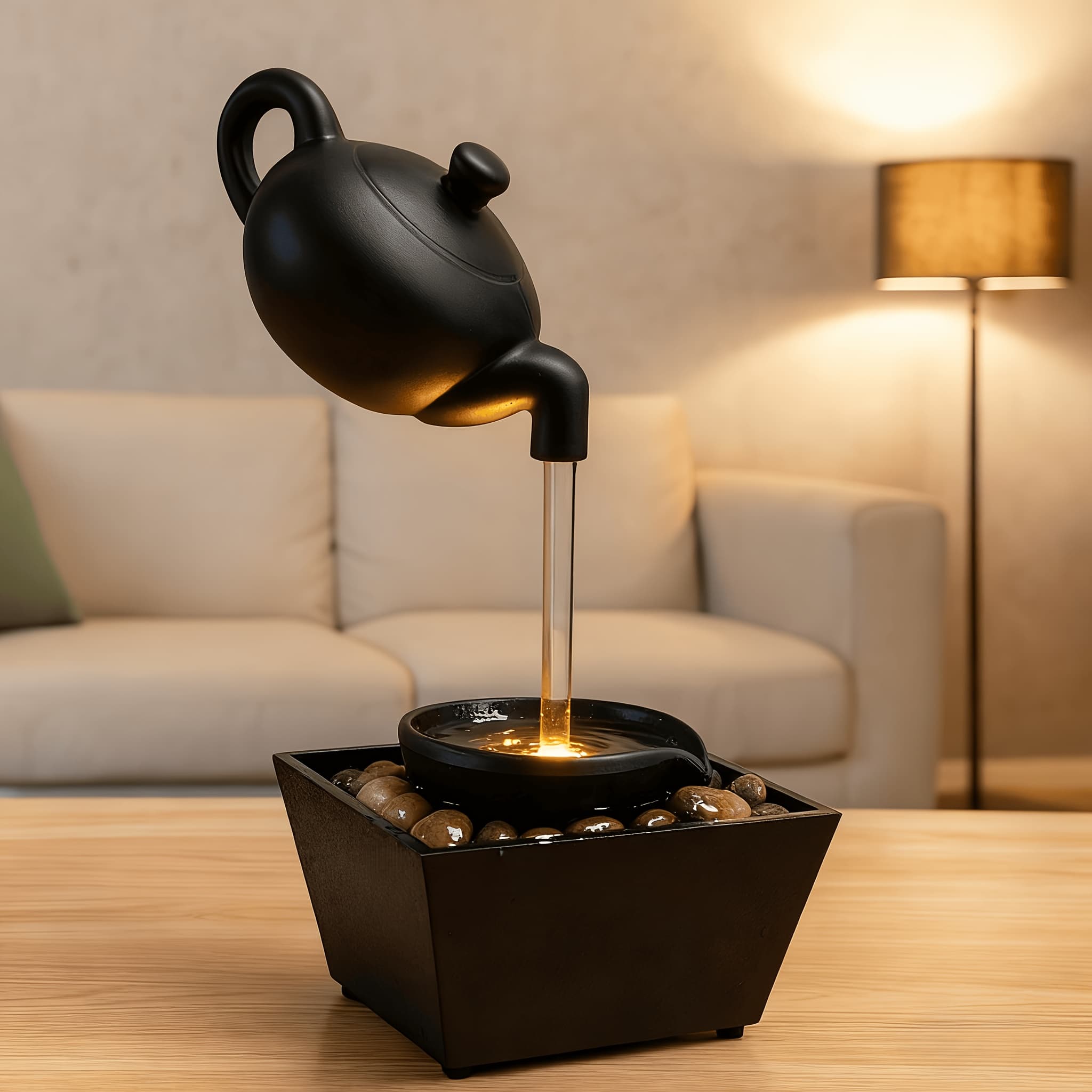 TEMU Zen Teapot Water Fountain Lamp With Soothing Led Glow & Water Flow - Black Resin Relaxation Fountain, Pebble Bed For Home/office Decor,, Meditation Aid, Warm Light Gift For S ( Operation)