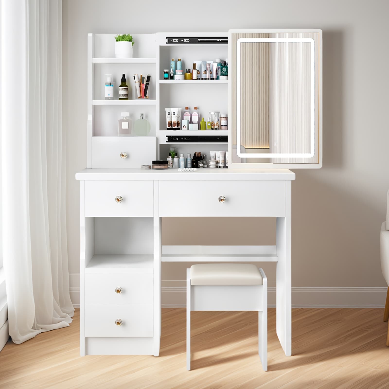TEMU Vanity Desk, Makeup Vanity Desk With Mirror And Lights, Vanity Table Set With 5 Drawers, Stool And Open Shelves, 3 Light Settings Adjustable Brightness, White