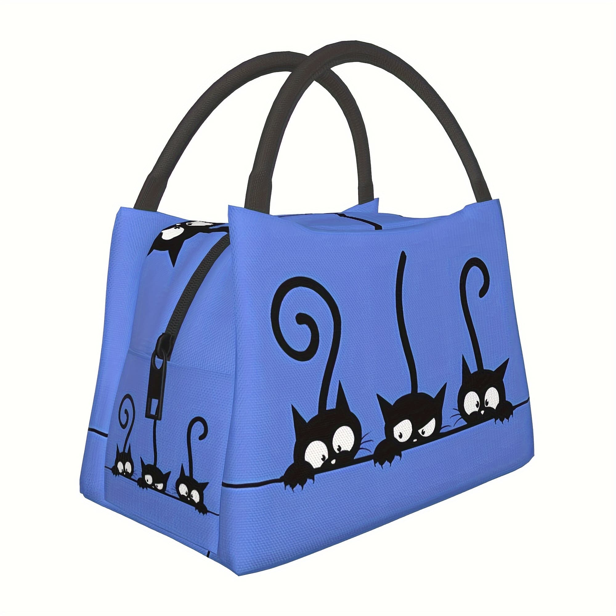 TEMU Black Cat Design Insulated Lunch Bag - Polyester Rectangle Tote With Animal Theme, Hand Washable, Manual Cooling, Portable Reusable For School, Office, Picnic, Hiking - Unisex