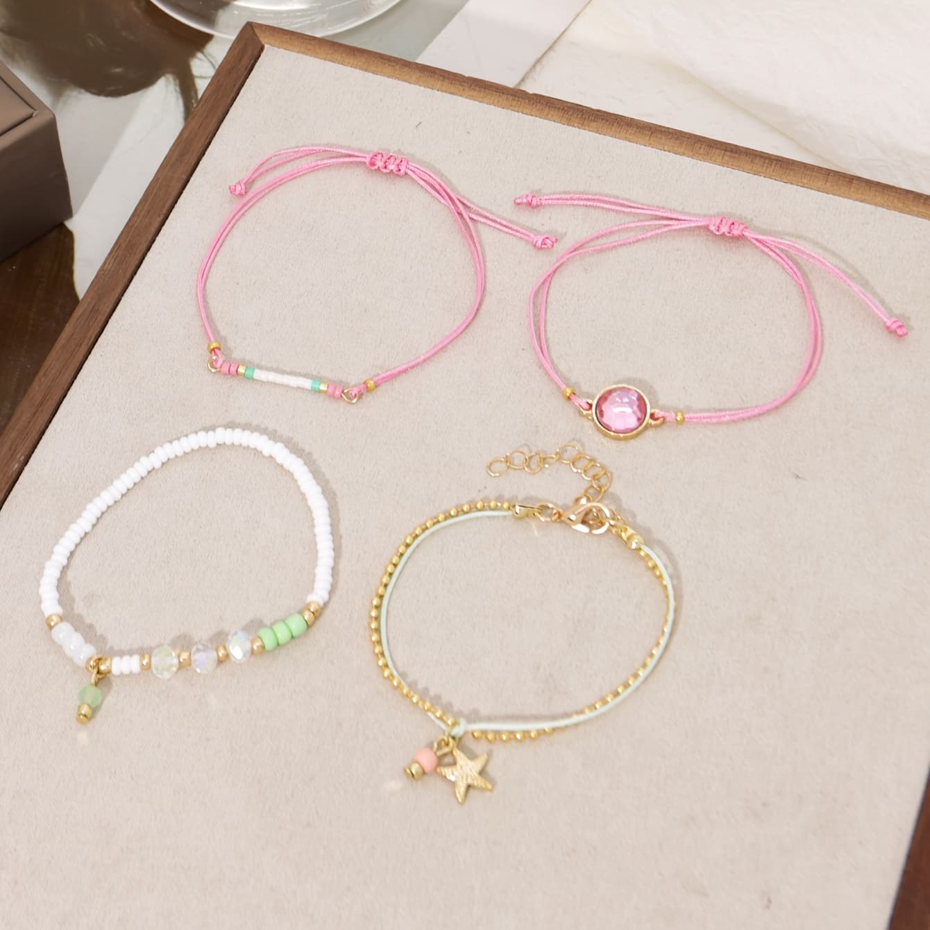 TEMU 4pcs Fashionable Women's Bracelet Set, Exquisite Colorful Corn Bead Handmade Rope Starfish Pendant Stackable Bracelets, Gift For Best Friend Holiday And Casual Attire