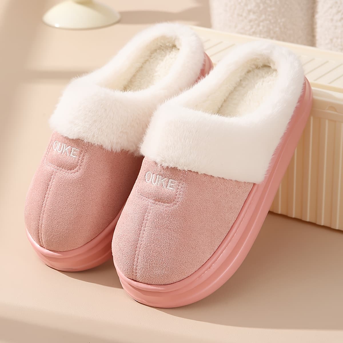 TEMU New Autumn/winter Women's Slippers, Anti-slip And Wear-resistant Couple's Style, Simple Indoor Home Slippers With Plush Lining For , Women Shoes