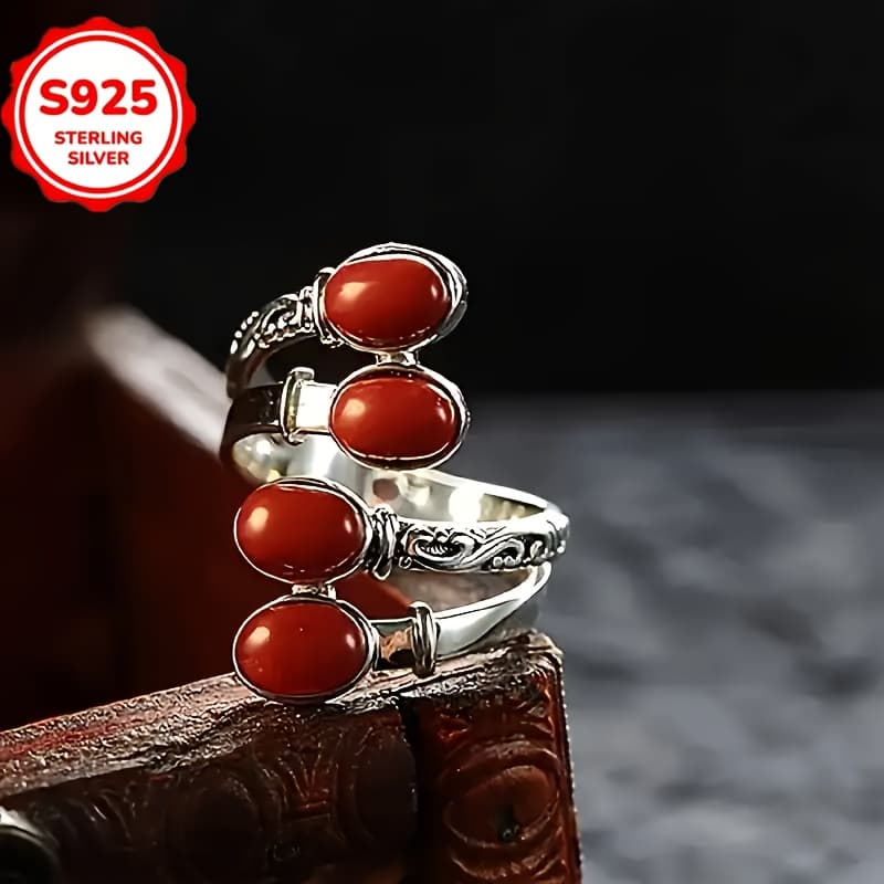 TEMU Vintage Red Turquoise 925 Sterling Silver Ring With Adjustable Design, , Exaggerated Design, Suitable For Birthday Or Holiday Gifts, Banquet Jewelry