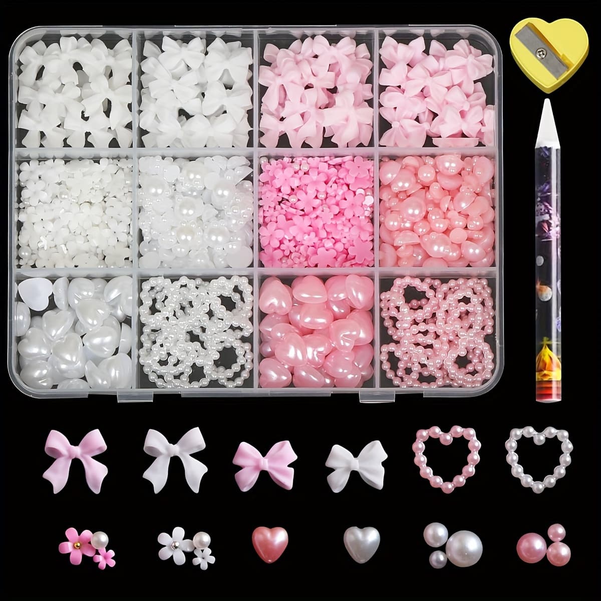 TEMU 1000pcs 3d Armor Pendant And Peace Bottom Pearl, Of Style Knot And Pink -shaped Heart-shaped Citrus Jewels, 2-6mm White Armor Pearls, Handmade Nail Design Suitable For Leather Paper Closing Tools