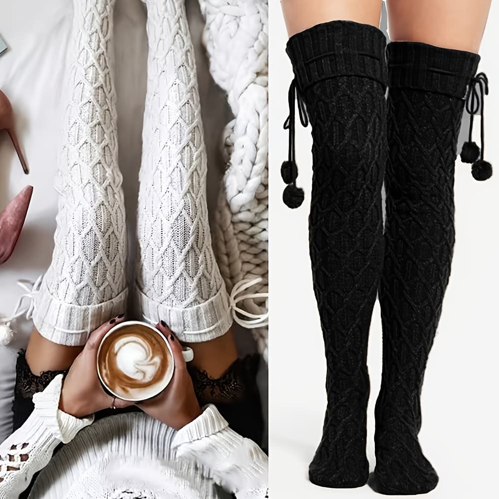 TEMU 2-pair Thickened Thermal Thigh-high Socks Suitable For & - Winter Warm Leg Protection Socks, Gym Training Socks, Machine Washable, Multi-style (solid Colors) - Use