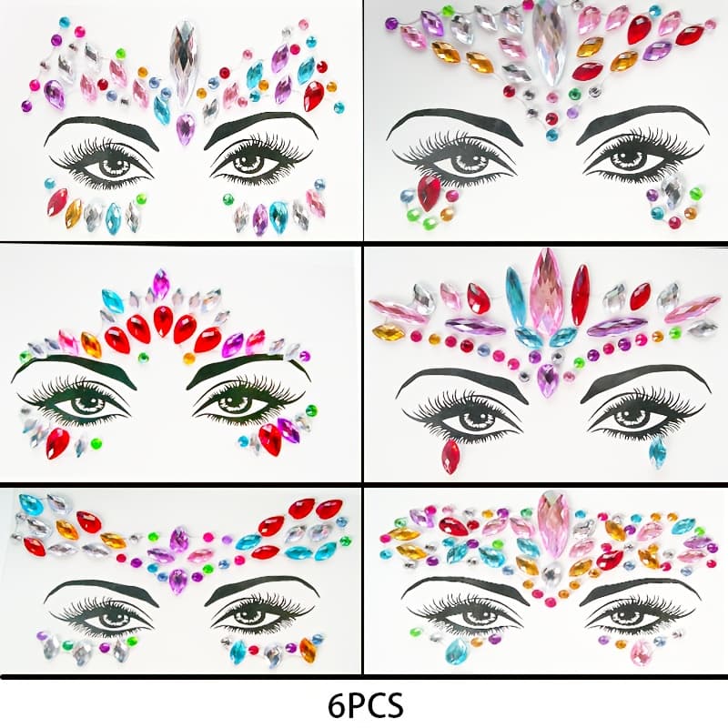 TEMU 6pcs Set Of Facial Jewelry Stickers, Sparkling Jewelry Stickers, Mermaid Style Mixed Style Party Decoration, Facial Stickers For Holiday Decoration (color And Shape Random)