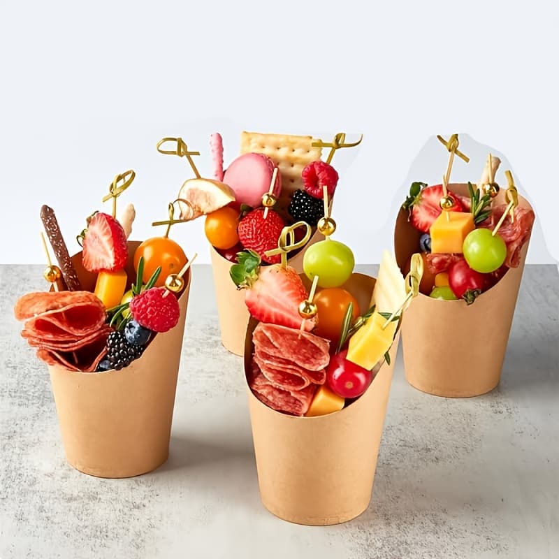 TEMU 50 Sets Of 8oz Brown Paper Disposable Food Cups 50 Cups, 50 Bags, And 100 Bamboo Sticks, Suitable For Parties, , Birthdays, Weddings, Halloween, And Christmas.