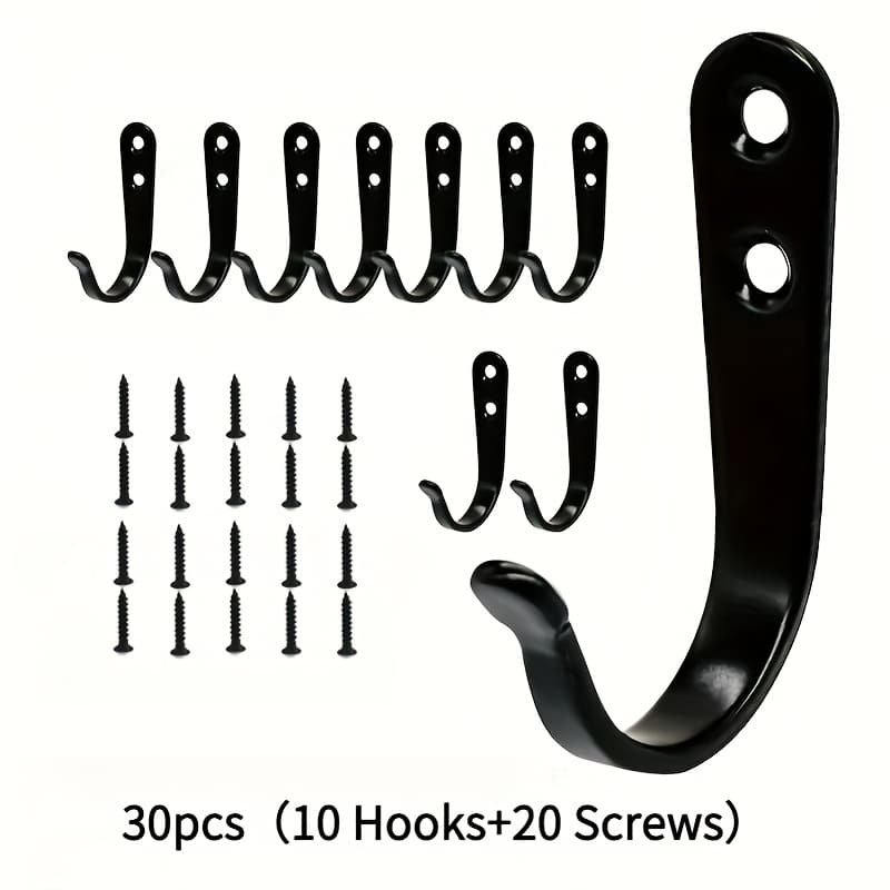 TEMU 30pcs Heavy-duty Metal Wall Hooks With 10 Hooks & 20 Screws - Industrial Style Black Wall-mounted Hooks With Pre-drilled Holes & Included Nails, For Home Office