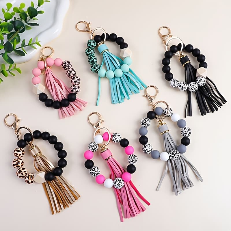 TEMU Set Of 6 Leopard-patterned Wooden Beads And Animal Paw Print Wooden Beads, Mixed Color Beads For Wristbands, Women's Keychain To Prevent Loss, Perfect Gift For Mom Or During The Holidays