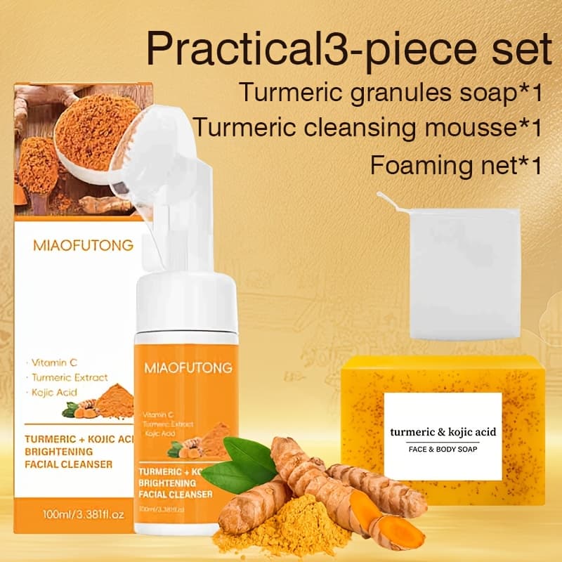 TEMU 2pcs Turmeric Skincare & Haircare Set - 100ml Turmeric Cleansing Mousse + 100g Turmeric Kojic Soap | For Hair, | , Gentle Non-irritating Cleanser | Moisturizing Face Wash | Suitable For Types