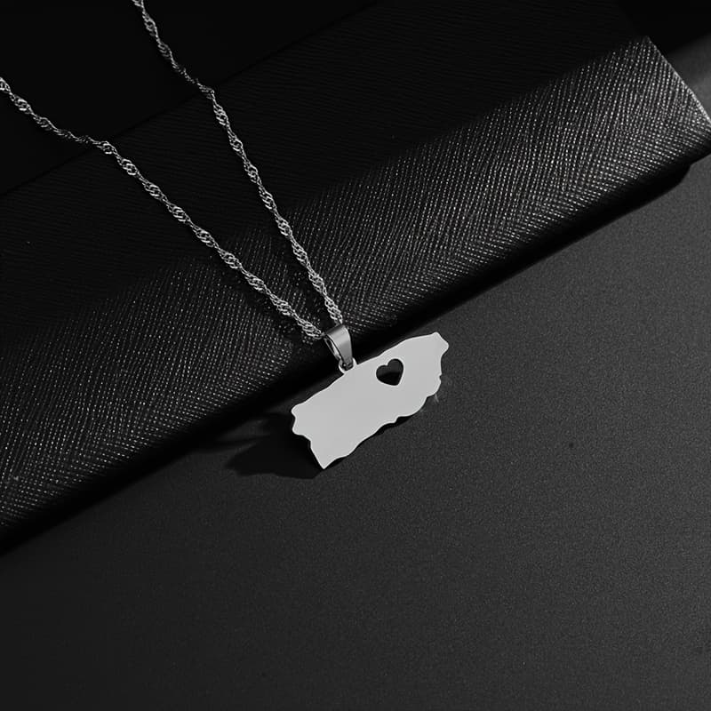 TEMU Stainless Steel Puerto Heart-shaped Map Pendant Necklace - Men's And Women's Ethnic Style Jewelry Gift, Suitable For Casual Wear Or Parties, Fashionable And Elegant Party Jewelry Additions