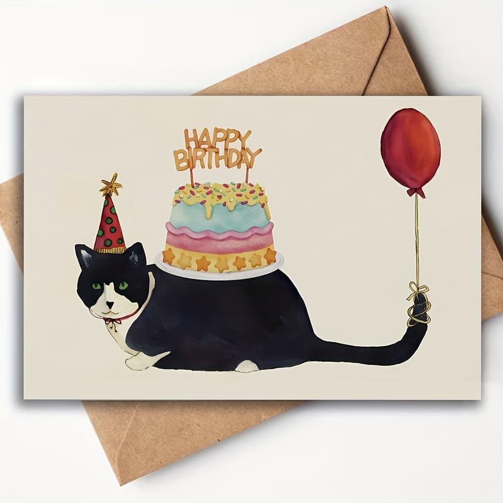 TEMU 1pc Quirky Black Cat Birthday Card With Balloon - Fun And Greeting For Colleagues, , - Features "happy Birthday" Text, Festive Illustration, And Elegant Design, Perfect Gift For Cat Lovers
