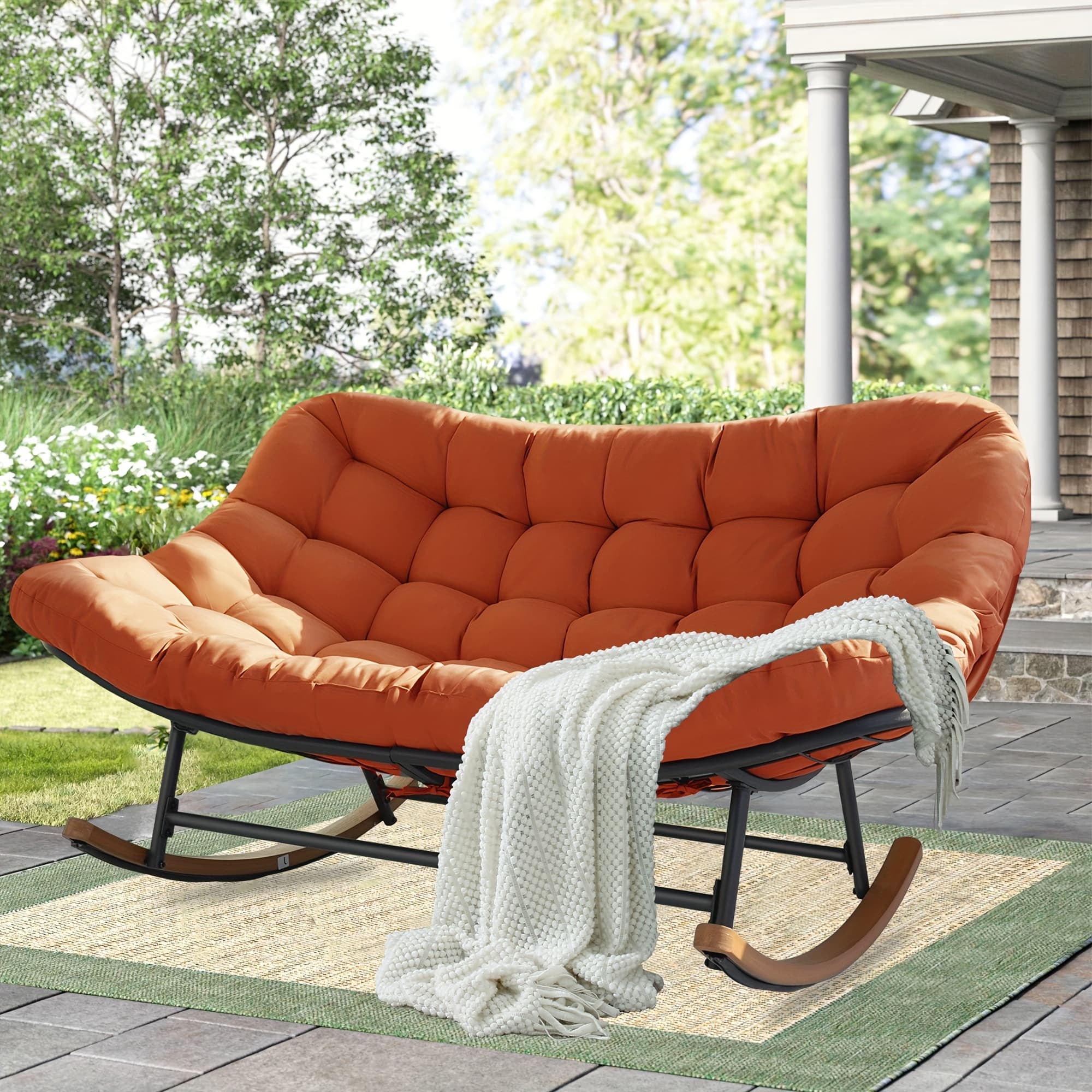 TEMU Outdoor Patio Rocking Chair, Oversized Papasan Rocking Chair For 2 With E-coated And Thick Cushion