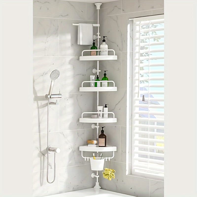 TEMU Rust-proof Shower Caddy Corner Tension Pole Adjustable Height, 4-tier Shelf Bathtub Organizers And Storage Includes Towel Rack, Hook, And Suction Cup (white)