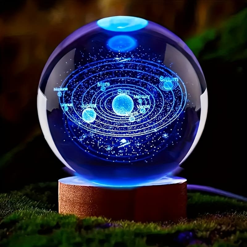 TEMU 1 3d Laser Engraved Solar System Crystal Ball Light With Wooden Led Base. A Model Of For Astronomy Enthusiasts Or Space Educators. Bedroom, Living Room, Atmosphere Decoration, Holiday Gifts