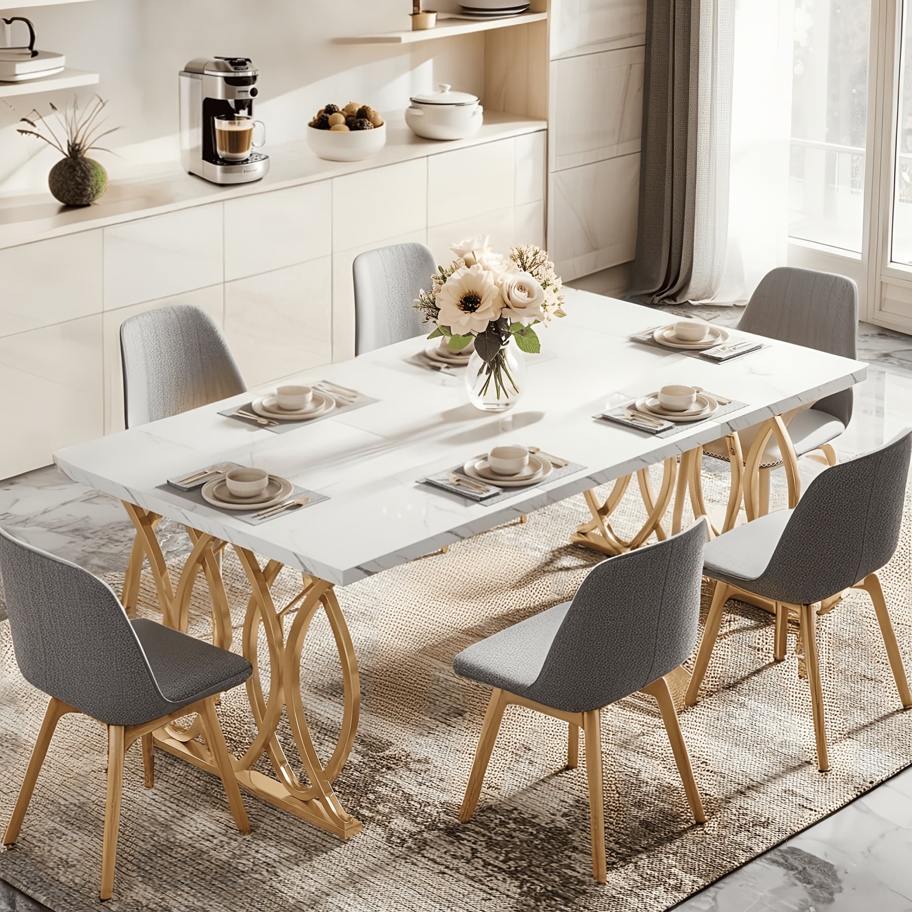 TEMU Modern Dining Table For 4-6 People, 63" Large Kitchen Table, Unique Rectangular Dinner Table, Dining Room Furniture With Marble Tabletop And Geometric Legs