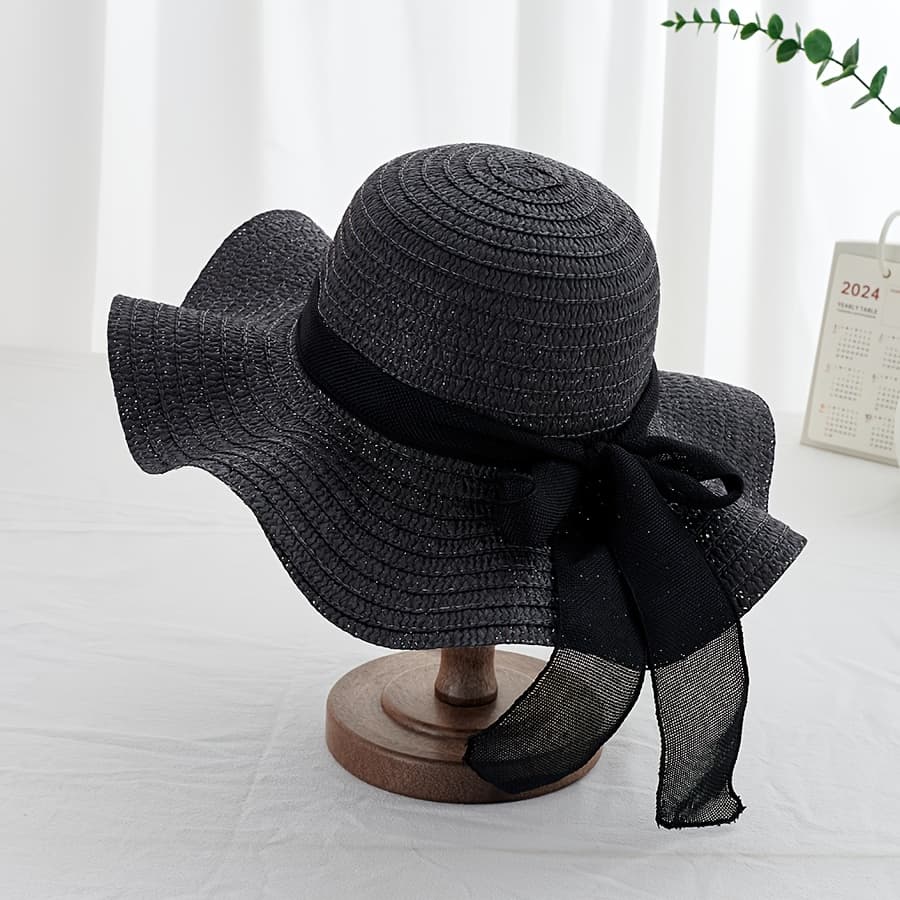 TEMU Elegant Wavy Edge Striped Bow Straw Hat, Beach Outdoor Sunshade And Sunscreen Hat, Vacation Sun Hat