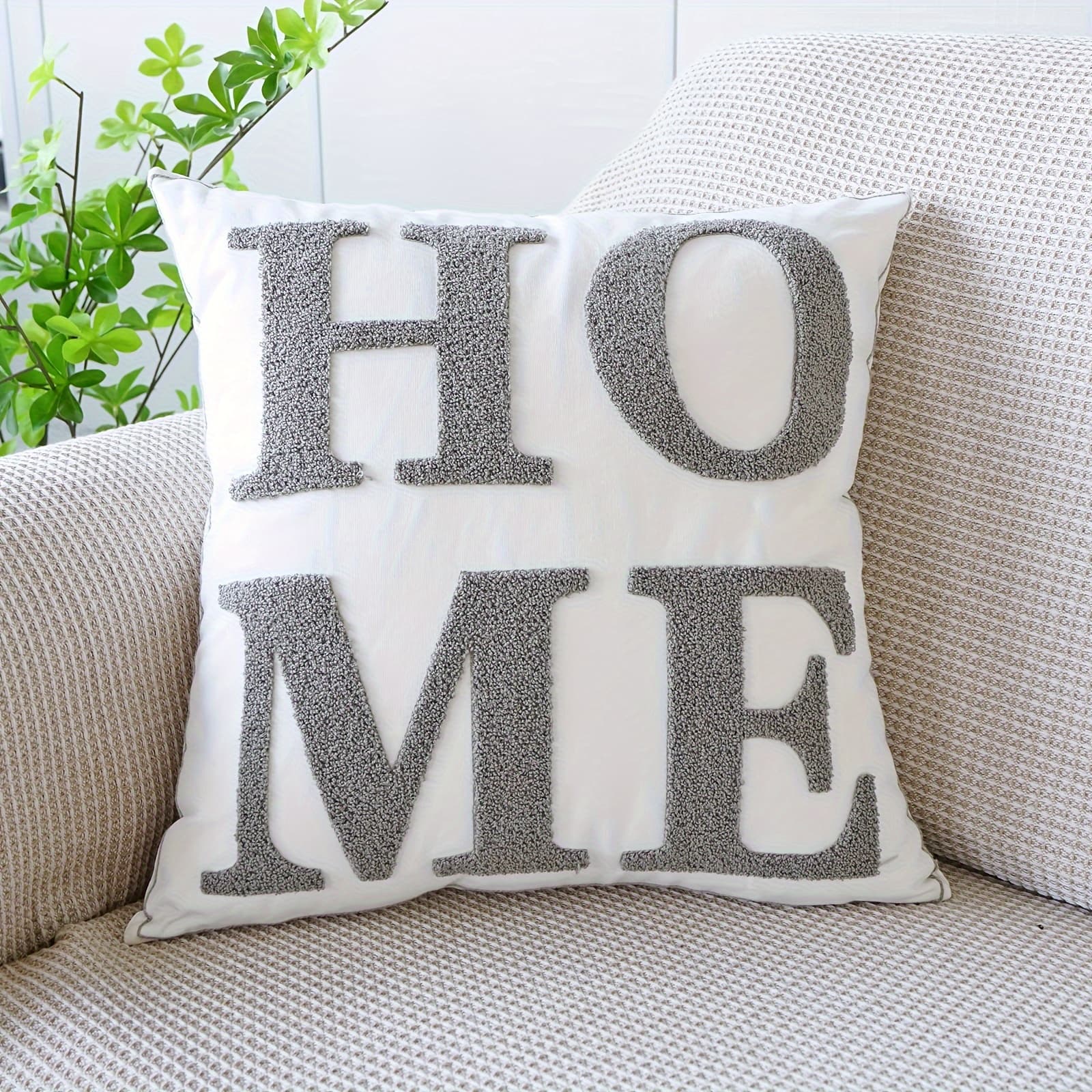 TEMU Modern Minimalist 'home' Embroidered Canvas Throw Pillow Cover - Zippered, Machine Washable For Living Room & Office Decor