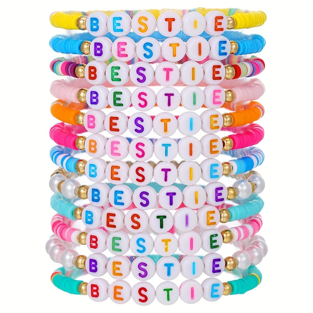 TEMU 12pcs Set Bohemian Colorful Letter Bestie Beaded Sister Friendship Polymer Clay Bracelet Set, Stackable, Suitable For Daily Wear And Gifting, Letter Colors Random