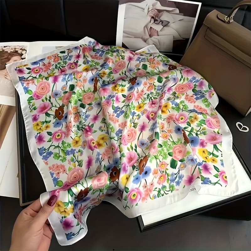 TEMU 27.5" Women's Elegant Floral Print Satin Square Scarf - Soft, Lightweight, And Versatile Fashion Accessory For Evening Or Hair Wrap