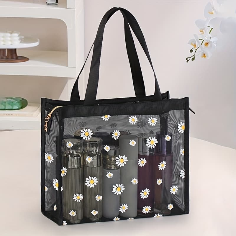 TEMU Fashionable Women's Mesh Tote Bag - Versatile For Makeup, Toiletries, Travel, And Storage - Large Capacity, Breathable, And Portable