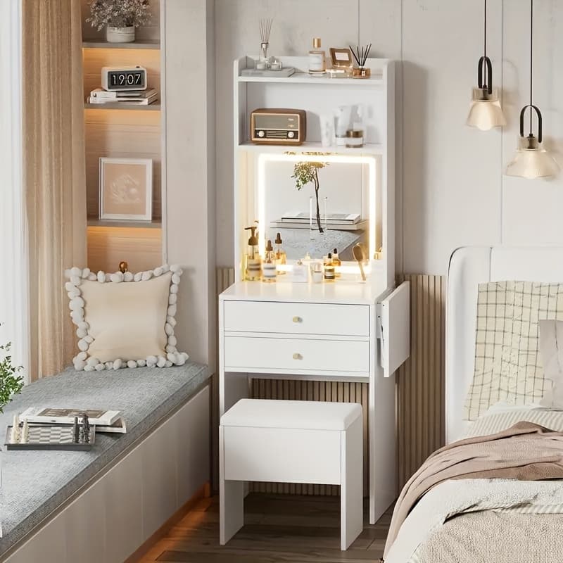 TEMU Compact White Vanity Desk Set With 3 Adjustable Lighted Mirrors & Foldable Panel - Space-saving Makeup Dressing Table With Storage Chair,, Easy Assembly For Small Bedrooms, Dorms, Apartments (/s)