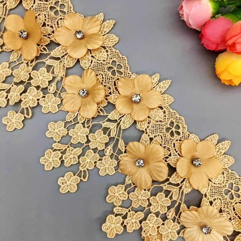 TEMU 1 Yard Vintage Flower 3d Diamond Lace Trim Ribbon Fabric Embroidered Wedding Applique Trimmings Sewing Craft Decoration