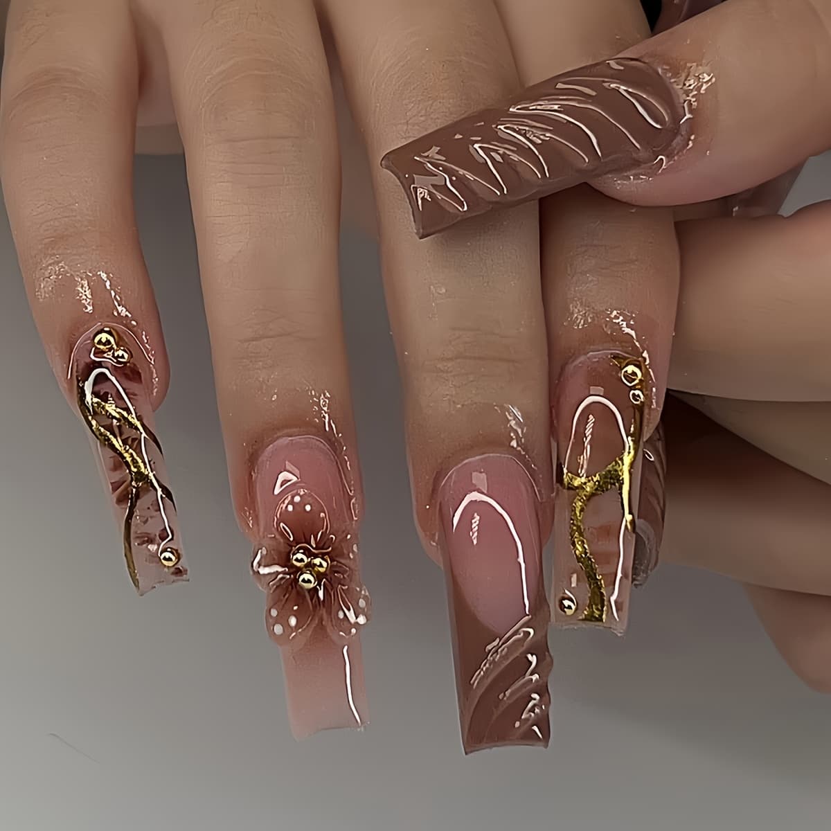 TEMU 24pcs Water Drop Shaped Elegant Brown Floral Luxury Golden-tone Suitable For All Women And S Set With Nail Buffing Sponge And Jelly Glue Included, Easy To Apply