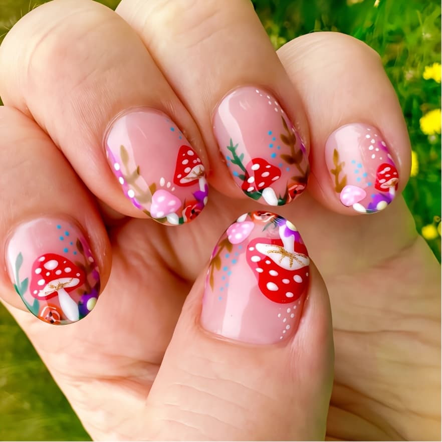 TEMU (cute Nails)24pcs Middle Oval Press-on Nails, Soft Gel Fake Nails For Women, Acrylic Reusable Nail Decor, Cute Red Mushroom Pattern. Mixed Colors, Easy Application & Removal. Glossy Finish.