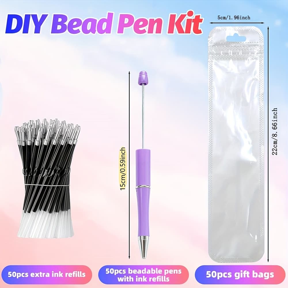 TEMU 150pcs Diy Beadable Pens Kit - 50 Beaded Pens (with Pen Refill)+50pcs Pen Refill +50pcs Pen Bag - Beaded Pens Black Ink Ballpoint Cute Pens For Students Teacher (pen Coats Of Colors)