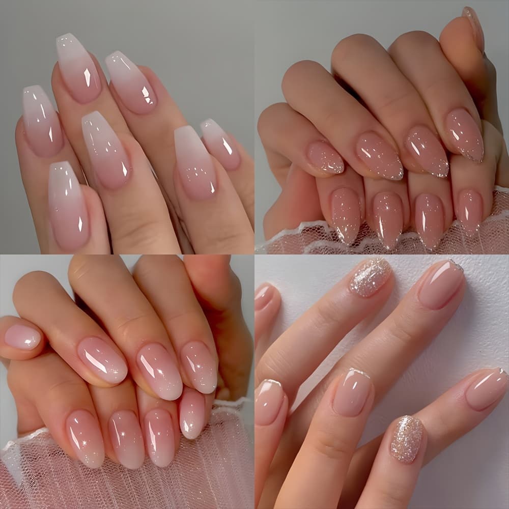 TEMU 4 Sets 96pcs Glossy Short Coffin Press On Nail Gradient Pink And White French Style Fake Nail For Women