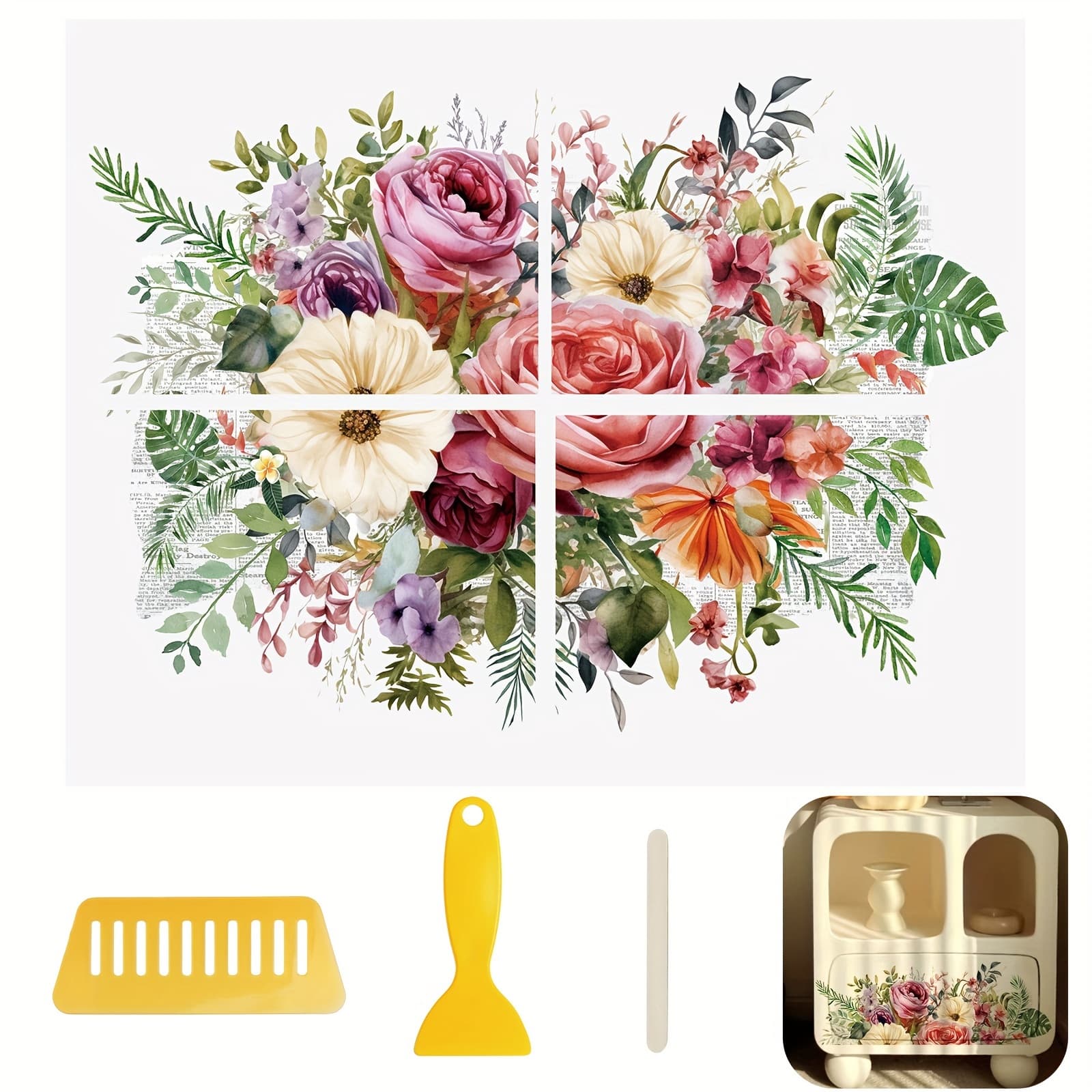 TEMU 4 Sheets Colorful Flower Rub On Transfer Stickers - Vibrant Floral Decals For Diy Scrapbooking, Photo Albums & Furniture Decor, 9.45 X 11.8 Inches, Easy Application With Wooden Stick Included