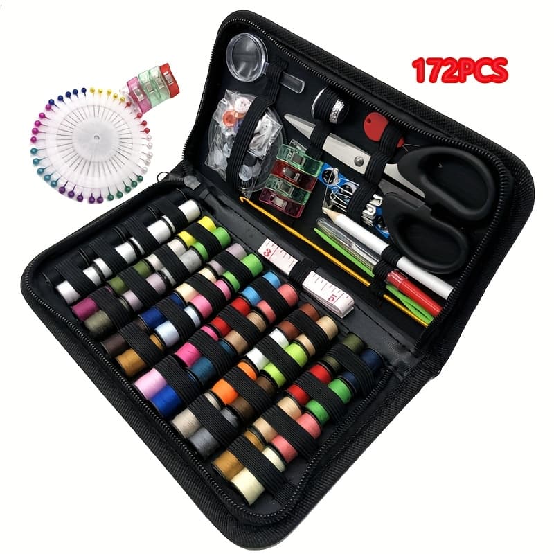 TEMU 172pcs Deluxe Sewing Kit For Home & Travel - Portable Black Fabric Case With Colorful Thread, Needles, Scissors, Sewing Supplies - Complete Hand Stitching Set For Emergency Repairs