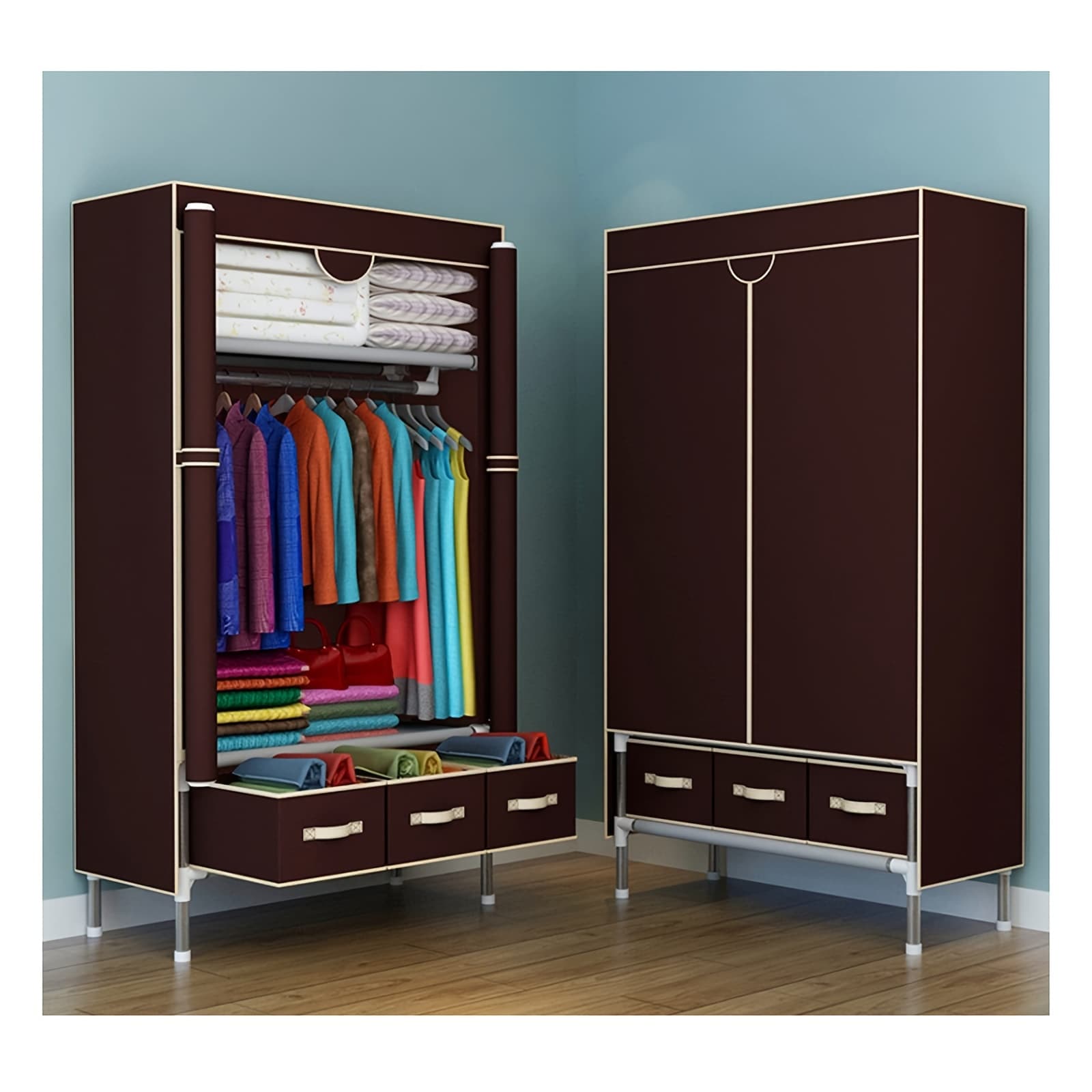 TEMU Portable Clothes Closet Wardrobe With Hanging Rack Non-woven Fabric Storage Organizer With 3 Drawer Boxes No-tool Assembly-35. 4" L X 17. 7" W X 67" H, Portable Closets