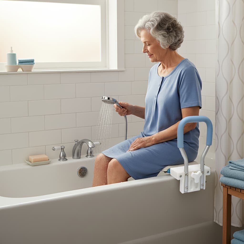 TEMU Adjustable Bathtub Seat With Bathtub Safety Handle, Wide Bath Chair For Seniors & Pregnancy, Non-slip And Secure Shower Chair, 3-width Fits Tubs 26.8'-31.8'