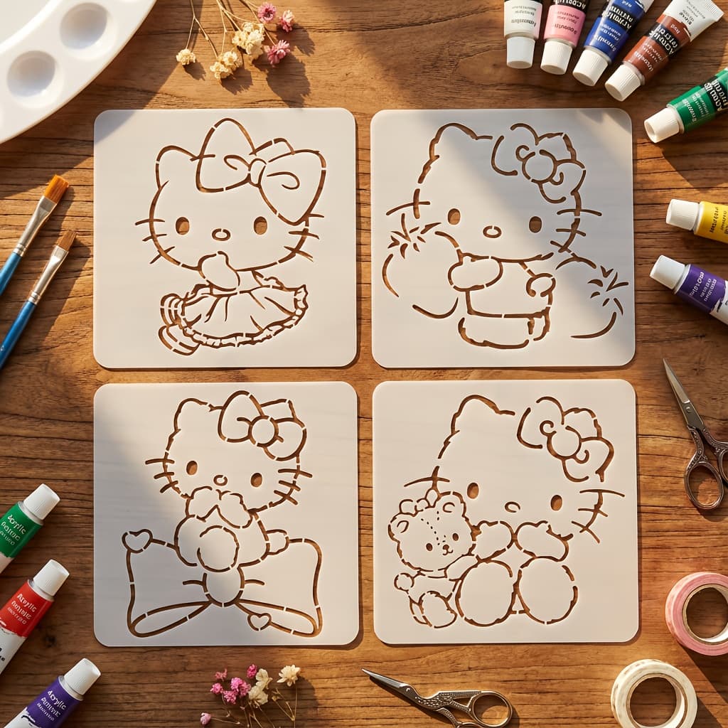 TEMU 4pcs Hello Kitty Stencil Set, 12.7cm X 12.7cm Reusable Painting Templates – Made Of Durable Plastic, Perfect For Shirts, Bags, Wall Art, And More – Ideal For Halloween And Christmas Decorations