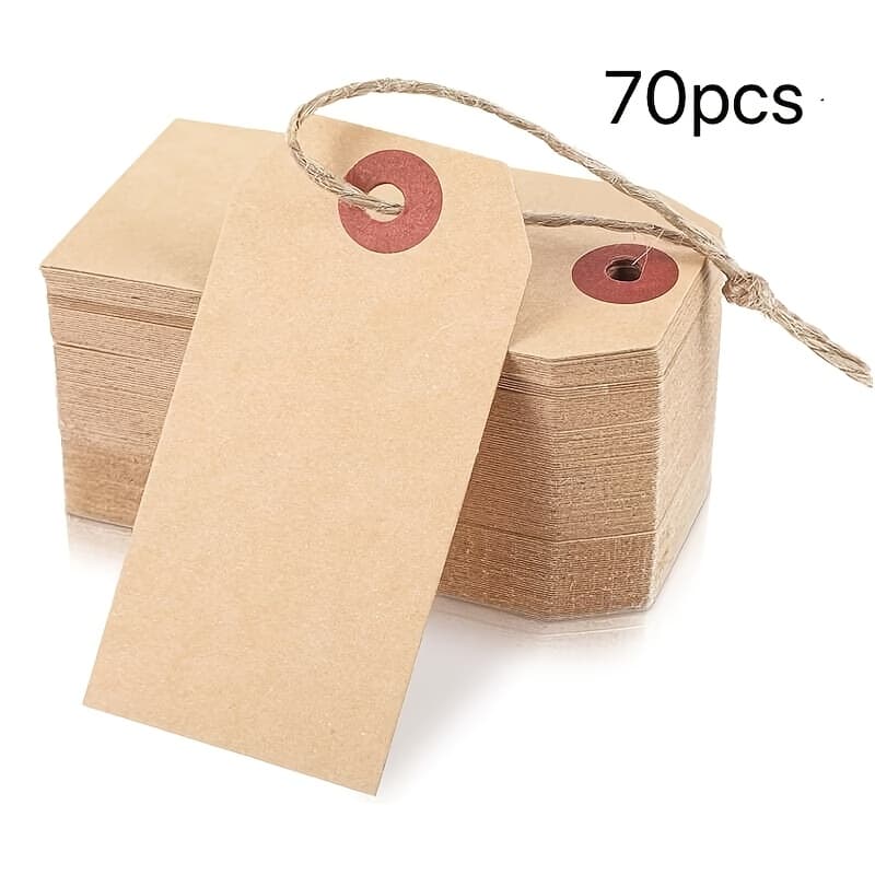 TEMU 70pcs Brown Tags With String, Marking Paper Hang Tags Attached Reinforced Hole, Blank Price Gift Tag For 2.75 X 1.37 Inch