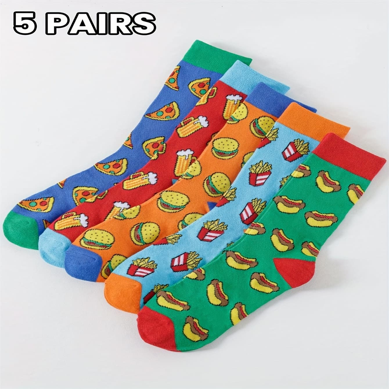 TEMU 5-pair/set Autumn/winter Men's Fun Cartoon Food Combo Socks - Hamburger, Beer, Hot Dog, Pizza Pattern Mid-calf Socks, Suitable For Daily , Holidays, Office, Home, And Gifting