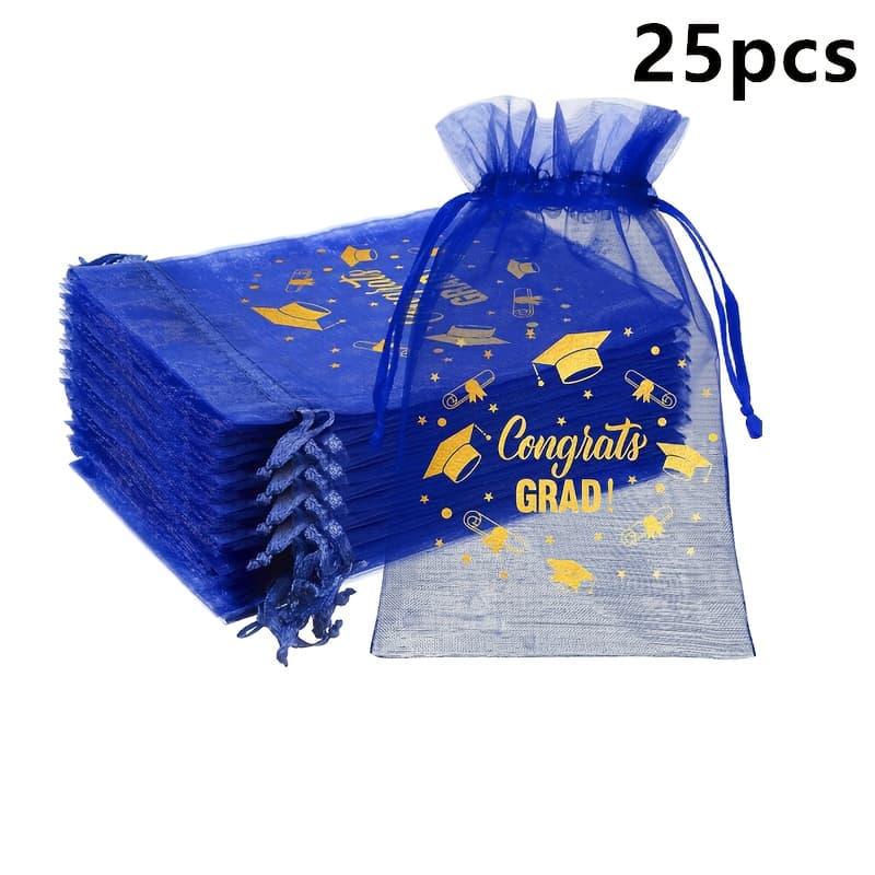 TEMU 25pcs Bulk Blue Sheer Organza Graduation Gift Bags With Drawstring Closure - Small Favor Pouches 4x6 Inch For Grad Party Favors, Wedding, Shower, Party Supplies - Cookie & Candy Bags