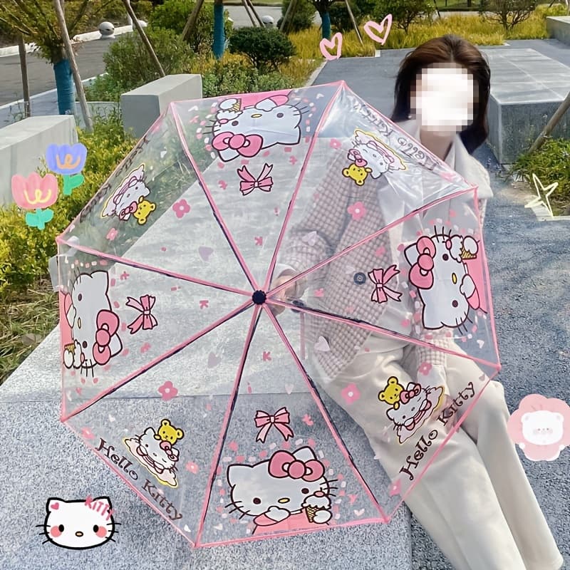 TEMU Cartoon Hello Kitty Kuromi Artificial Jade Transparent Folding Umbrella