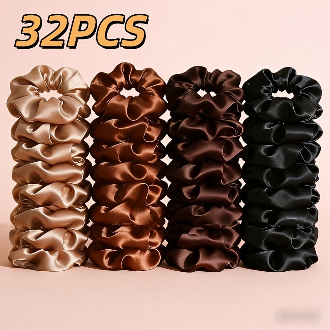 TEMU 32pcs Hair Ties Set For Women And -rich (brown, Black, Chocolate) - Non-damaging Plush Scrunchies, Bohemian Satin Hair Elastics For Wedding, Party, Everyday Use - Bulk Hair Gift Suitable For All