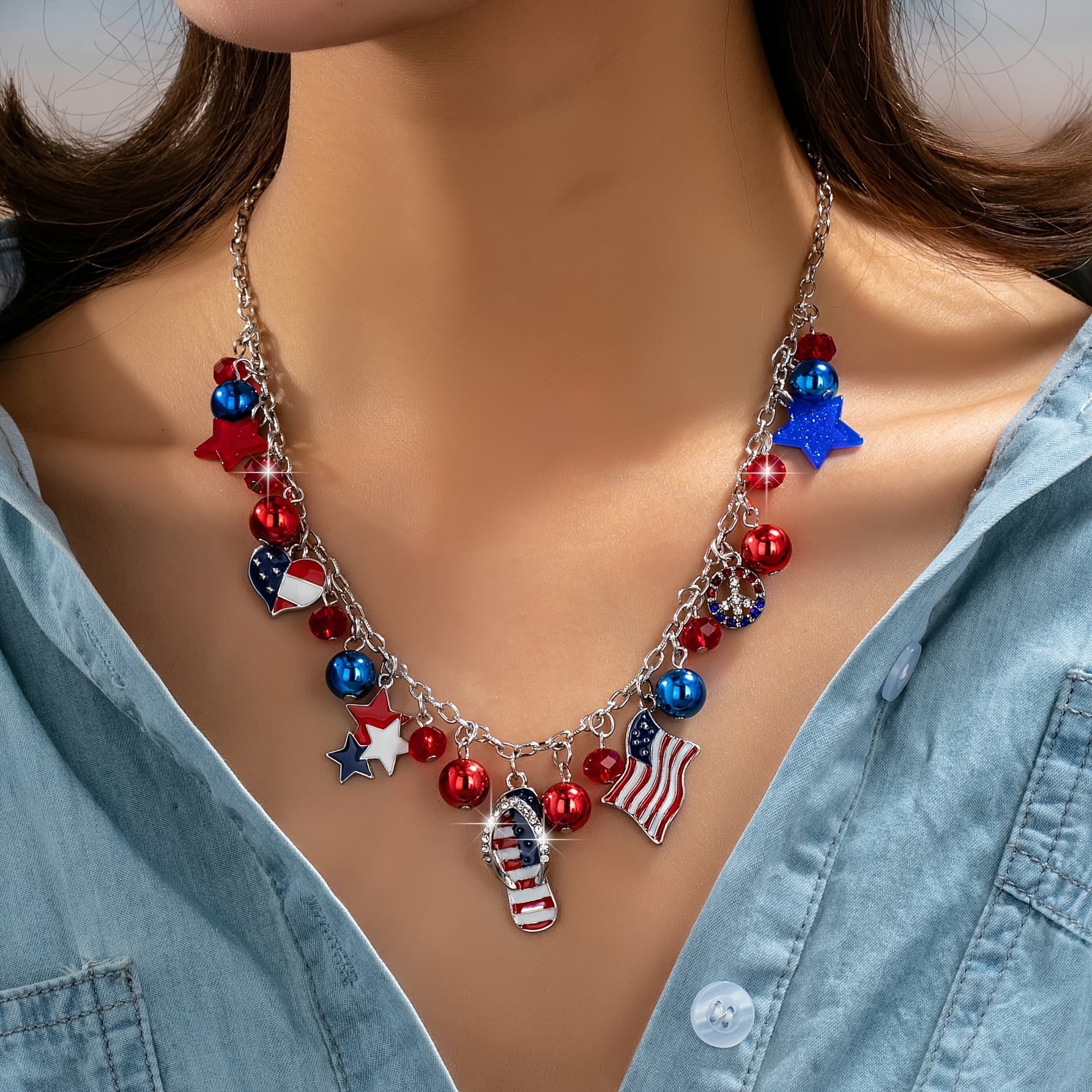 TEMU 1pc American Flag Suitable For Vacation & Daily Wear Necklace - Elegant Tower With K Plating, Versatile For Beach Outfits, 250th Anniversary Commemorative Gift For Day