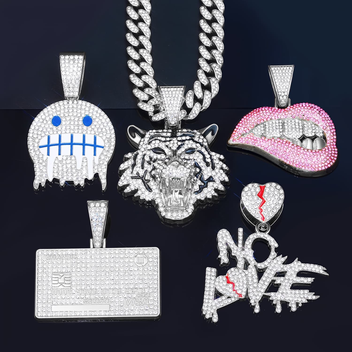 TEMU 5pcs Hip Hop Jewelry: K-plated Cuban Chain Necklace With Tiger Charm, Miami Chain & Lips Pendant - Unisex Ice Chains For , Credit Card Necklace Gift For Christmas, Parties, Daily Wear ()