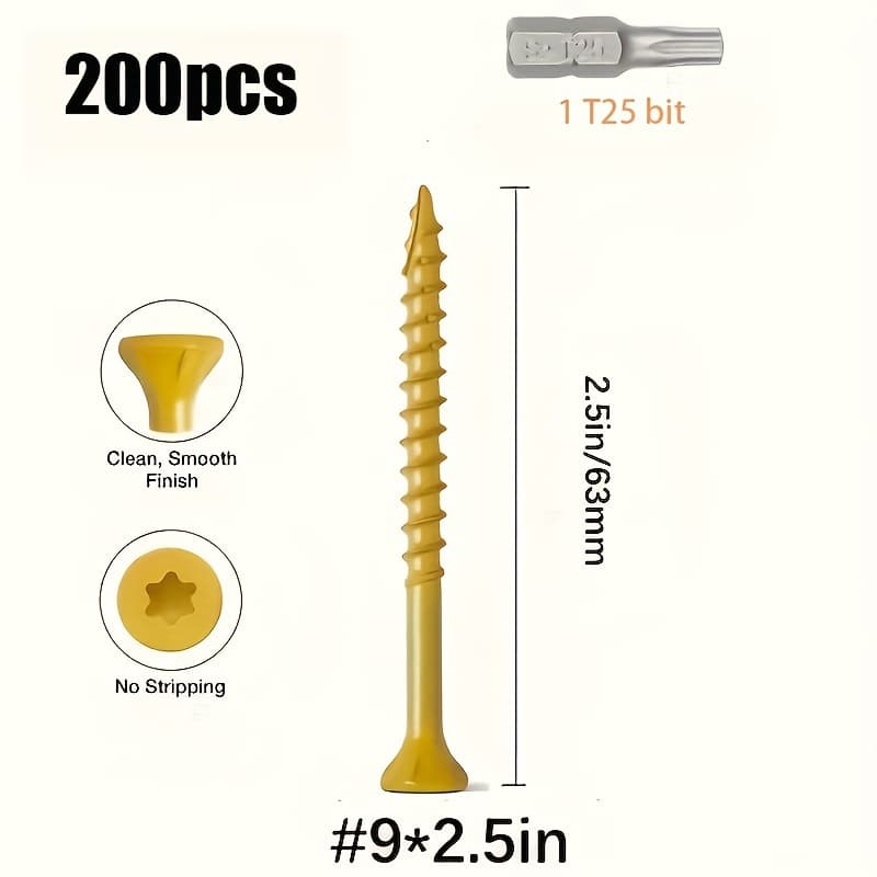 TEMU 100pcs/200pcs/300pcs Deck Wood Screws, Epoxy Coated Anti-rust Deck Screws, Yellow Coated Deck External Screws, Outdoor Anti-rust, With T25 Drill