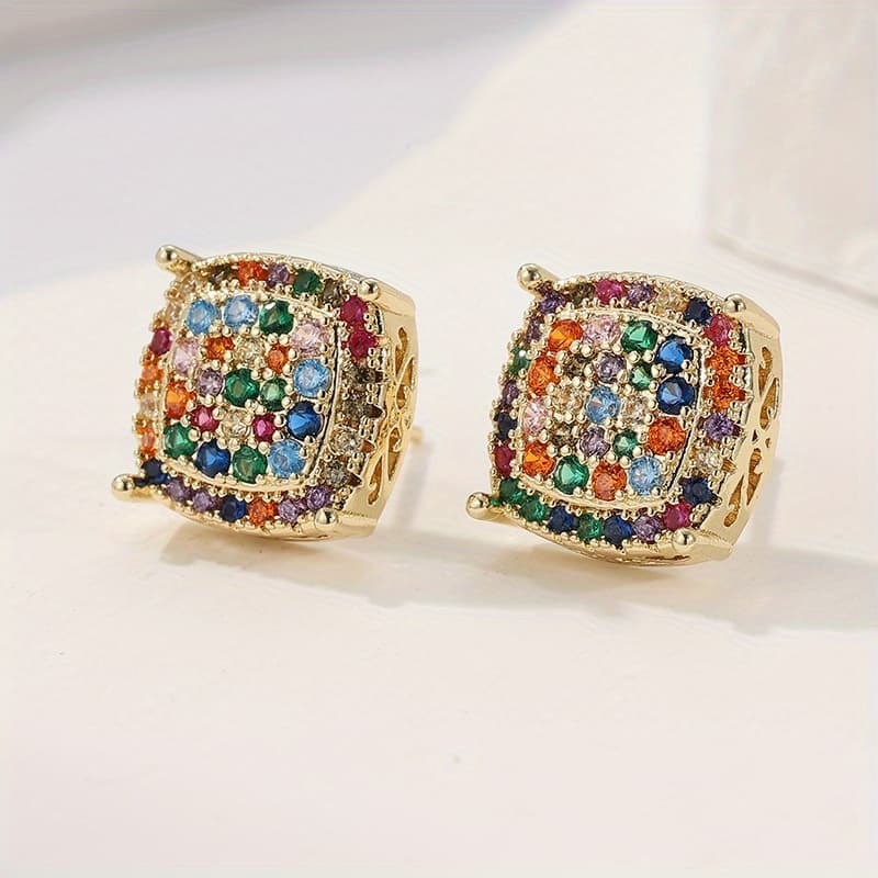 TEMU Luxurious Minimalist Square Copper Material Inlaid With Multi Color Synthetic Zirconia Earrings For Men And Women, Luxurious Geometric Earrings, Hip Hop Earrings